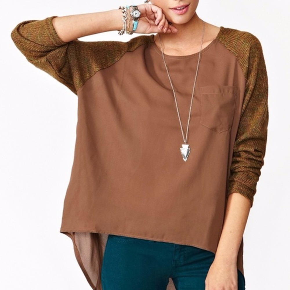 Brown Chiffon Knit-Sleeve Top